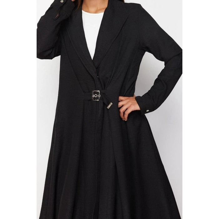 New Regular Daily Linen Look Woven Jacket Collar Long Sleeve A-Line Maxi Length Hijab Dress