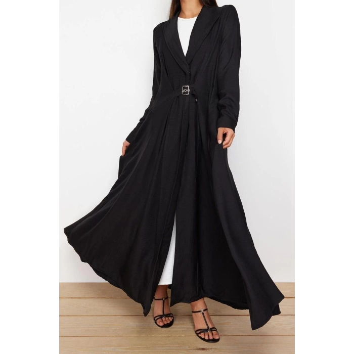 New Regular Daily Linen Look Woven Jacket Collar Long Sleeve A-Line Maxi Length Hijab Dress