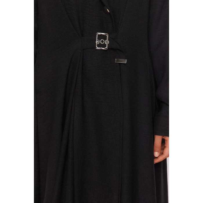 New Regular Daily Linen Look Woven Jacket Collar Long Sleeve A-Line Maxi Length Hijab Dress