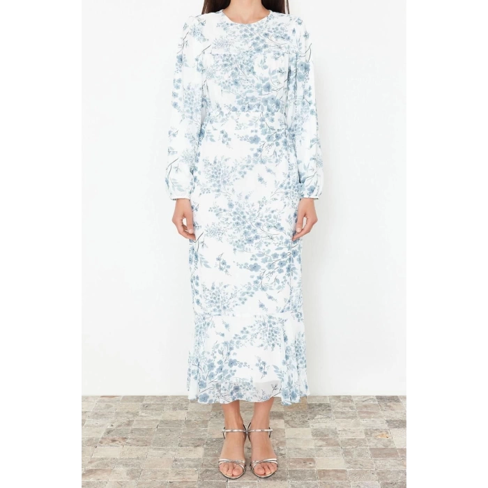 New Regular Daily Chiffon Woven Crew Neck Long Sleeve Skirt Ruffle Maxi Length Hijab Dress