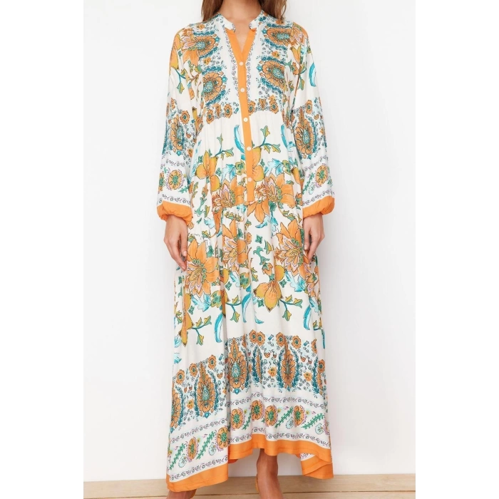 New Comfortable Casual Daily Shally Woven Mandarin Collar Long Sleeve A-Line Maxi Length Hijab Dress