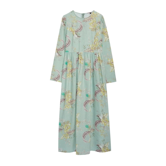 New Regular Daily Linen Look Woven Crew Neck Long Sleeve A-Line Maxi Length Hijab Dress