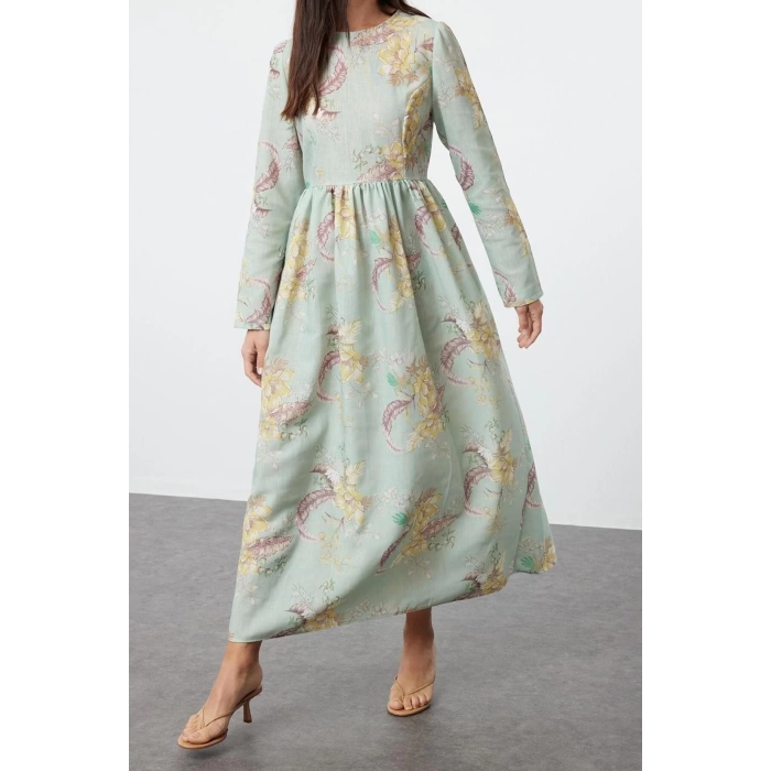 New Regular Daily Linen Look Woven Crew Neck Long Sleeve A-Line Maxi Length Hijab Dress