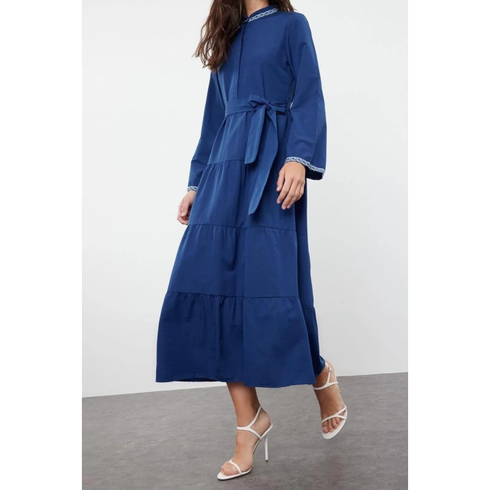 New Regular Casual Daily Terrycotton Woven Judge Collar Long Sleeve A-Line Maxi Length Hijab Dress