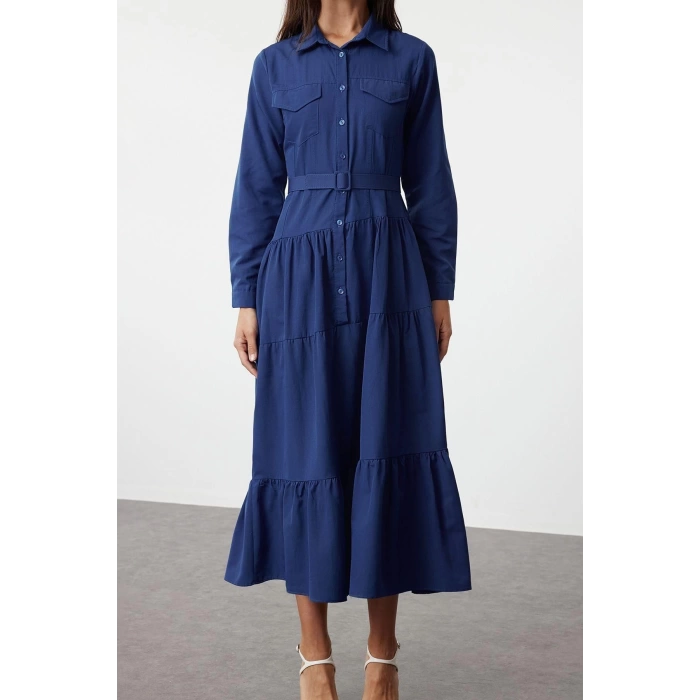 New Casual Daily Terrycotton Woven Shirt Collar Long Sleeve Shirt Dress Maxi Length Hijab Dress