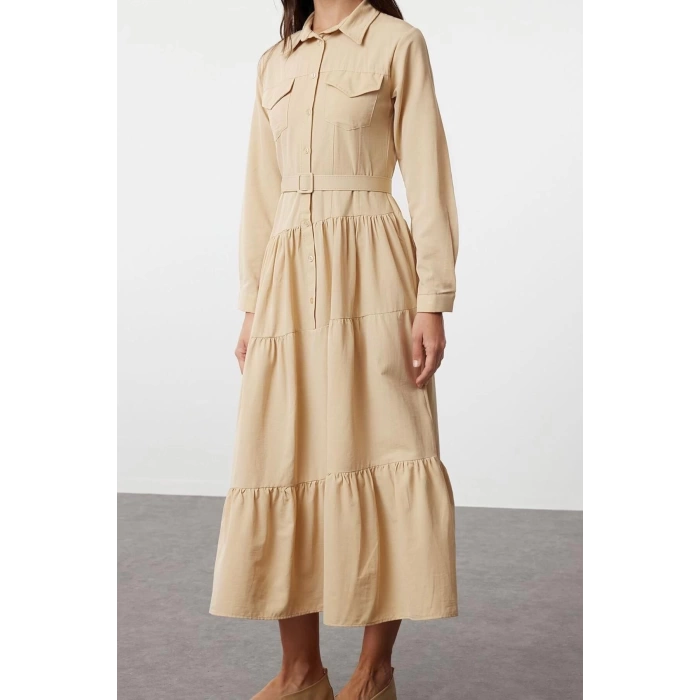 New Casual Daily Terrycotton Woven Shirt Collar Long Sleeve Shirt Dress Maxi Length Hijab Dress