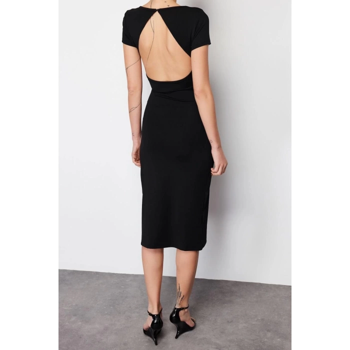 New Fit Casual Daily Interlock Knitted Crew Neck Short Sleeve Basic Midi Length Dress