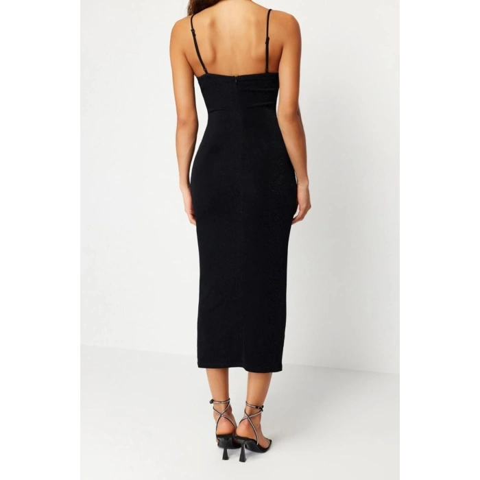 New Fit Graduation Prom Glitter Knitted Crochet Cowl Neck Strap Sleeve Bodycone Midi Length Dress