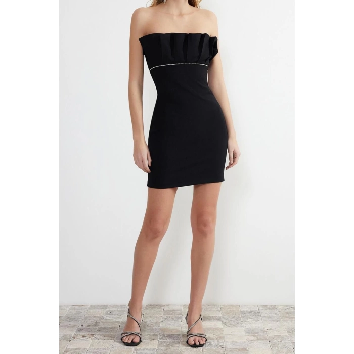 Yeni Fit Düğün Nikah Finike Dokuma Straplez Kolsuz Kol Bodycone Midi Boy Elbise