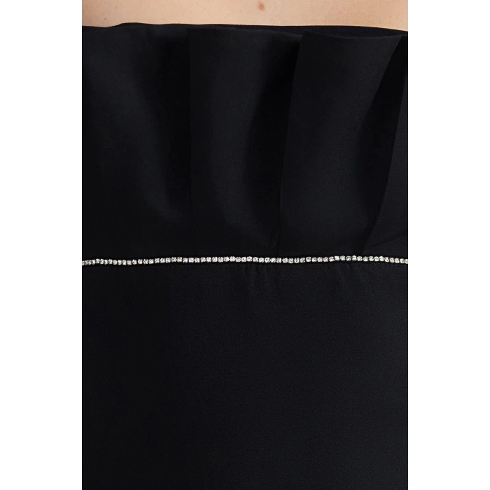 Yeni Fit Düğün Nikah Finike Dokuma Straplez Kolsuz Kol Bodycone Midi Boy Elbise