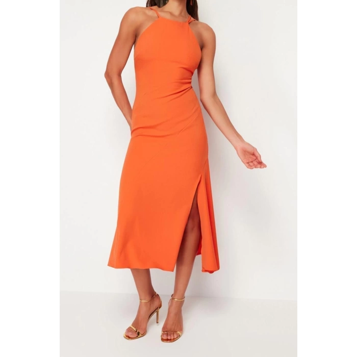 New Fit Graduation Prom Finike Woven Halter Neck Sleeveless Sleeve Shift Maxi Length Dress