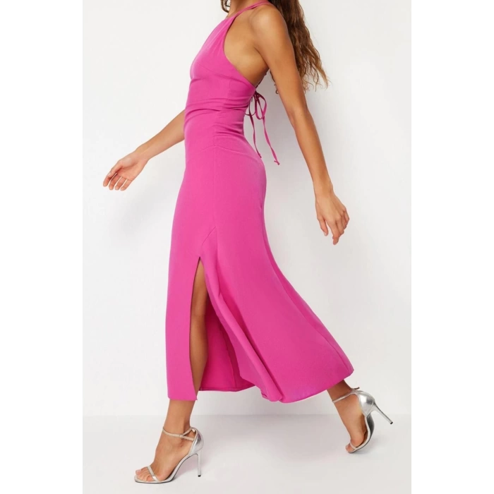 New Fit Graduation Prom Finike Woven Halter Neck Sleeveless Sleeve Shift Maxi Length Dress