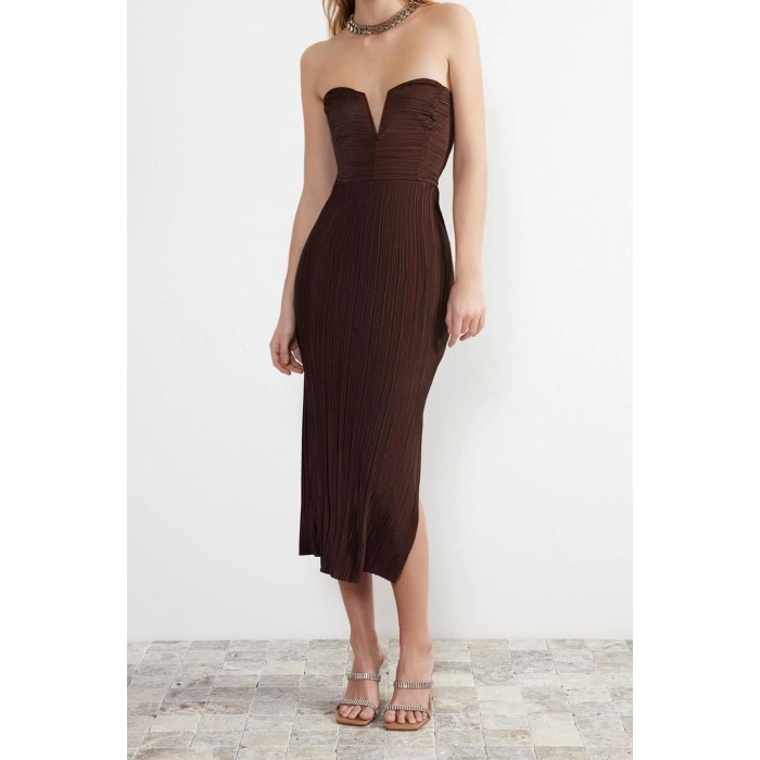 New Fit Graduation Prom Pleated Knit Strapless Sleeveless Bodycone Midi Length Dress