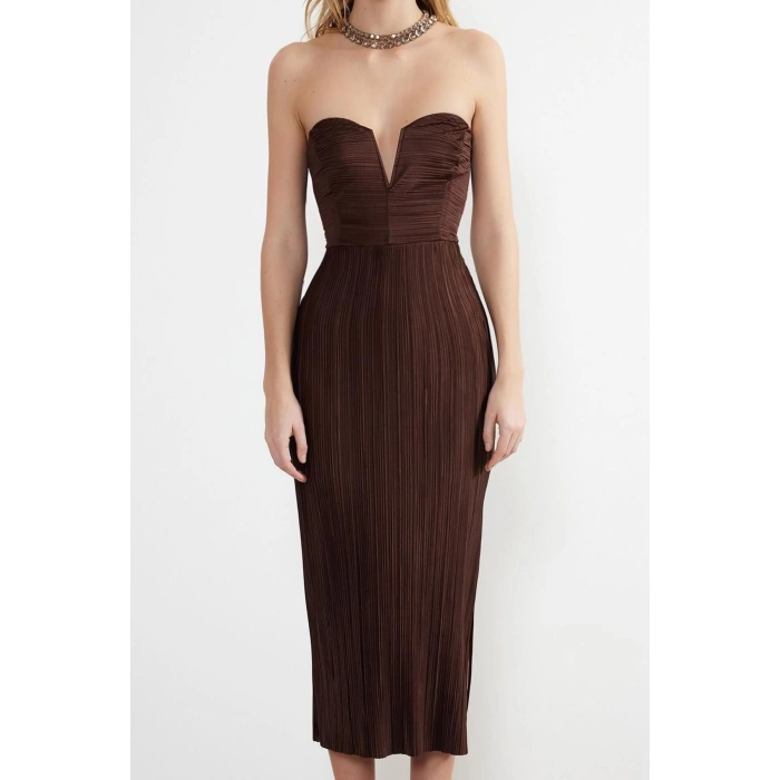 New Fit Graduation Prom Pleated Knit Strapless Sleeveless Bodycone Midi Length Dress