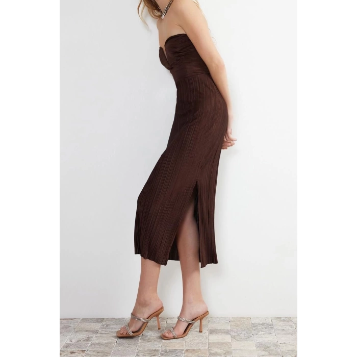New Fit Graduation Prom Pleated Knit Strapless Sleeveless Bodycone Midi Length Dress