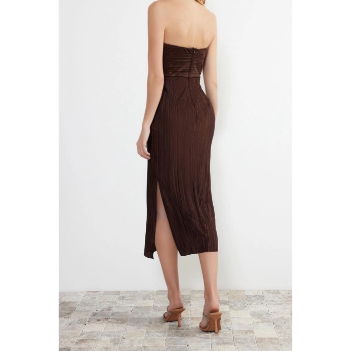 New Fit Graduation Prom Pleated Knit Strapless Sleeveless Bodycone Midi Length Dress