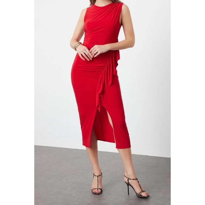 Yeni Fit Mezuniyet Balo Sandy Örme Dik Yaka Kolsuz Kol Bodycone Midi Boy Elbise