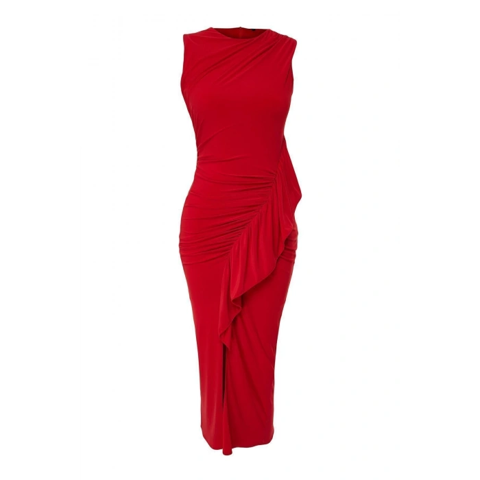 Yeni Fit Mezuniyet Balo Sandy Örme Dik Yaka Kolsuz Kol Bodycone Midi Boy Elbise