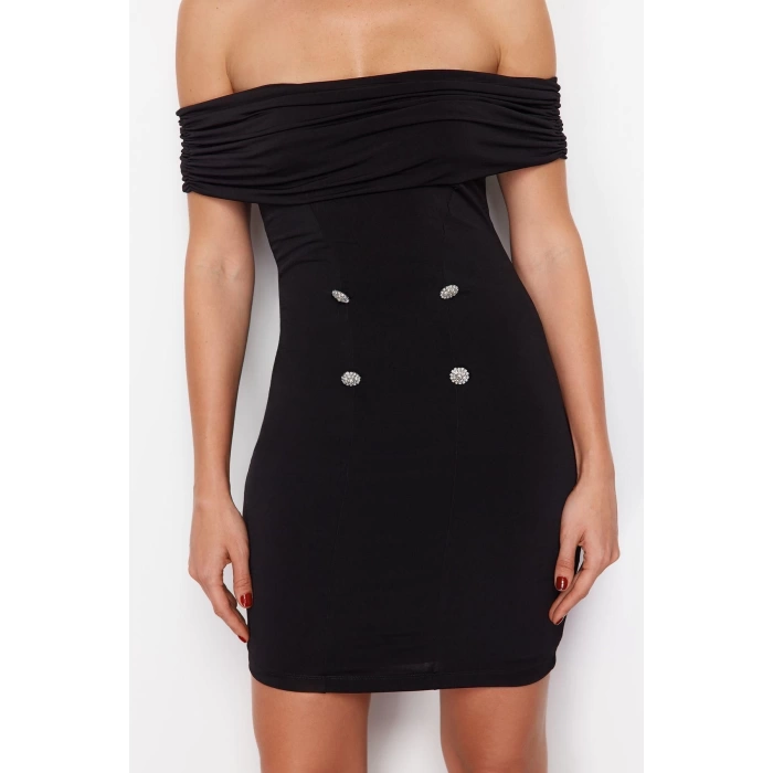 Yeni Fit Mezuniyet Balo Sandy Örme Carmen Yaka Kısa Kol Bodycone Mini Boy Elbise