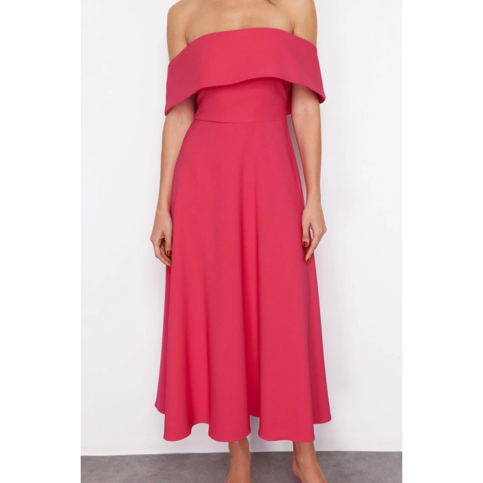 New Fit Graduation Prom Finike Woven Carmen Collar Short Sleeve Skater Midi Length Dress