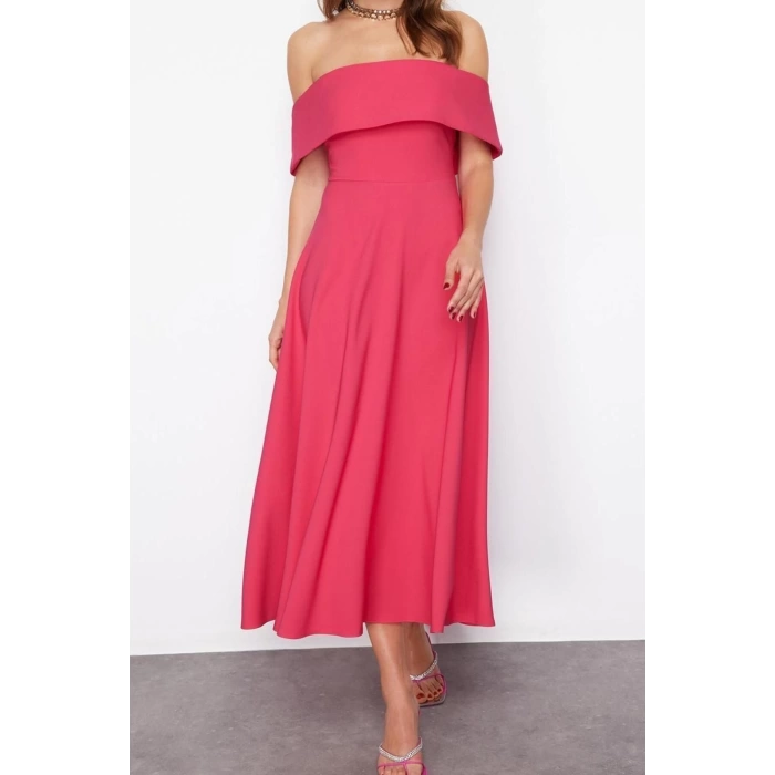 New Fit Graduation Prom Finike Woven Carmen Collar Short Sleeve Skater Midi Length Dress