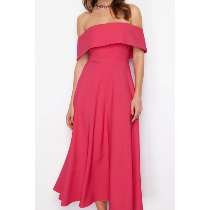 New Fit Graduation Prom Finike Woven Carmen Collar Short Sleeve Skater Midi Length Dress