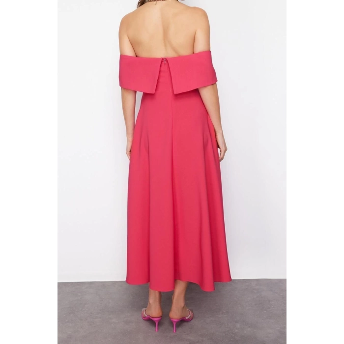 New Fit Graduation Prom Finike Woven Carmen Collar Short Sleeve Skater Midi Length Dress