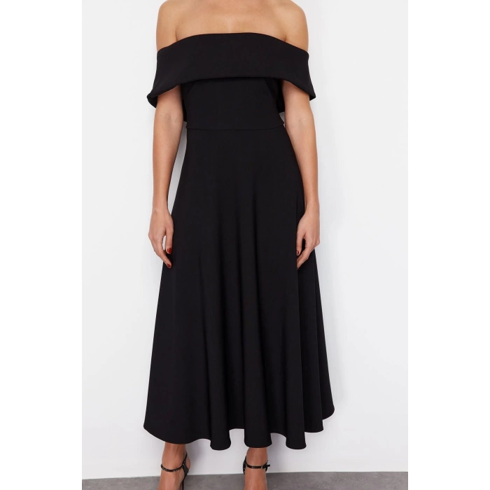 New Fit Graduation Prom Finike Woven Carmen Collar Short Sleeve Skater Midi Length Dress