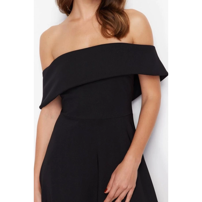 New Fit Graduation Prom Finike Woven Carmen Collar Short Sleeve Skater Midi Length Dress