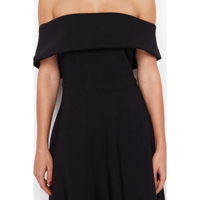New Fit Graduation Prom Finike Woven Carmen Collar Short Sleeve Skater Midi Length Dress