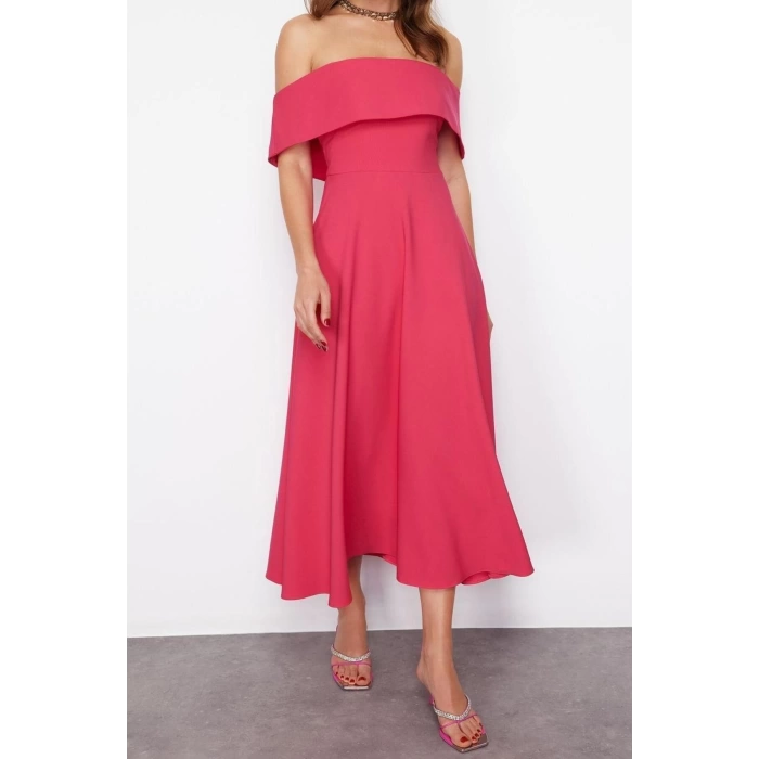 New Fit Graduation Prom Finike Woven Carmen Collar Short Sleeve Skater Midi Length Dress