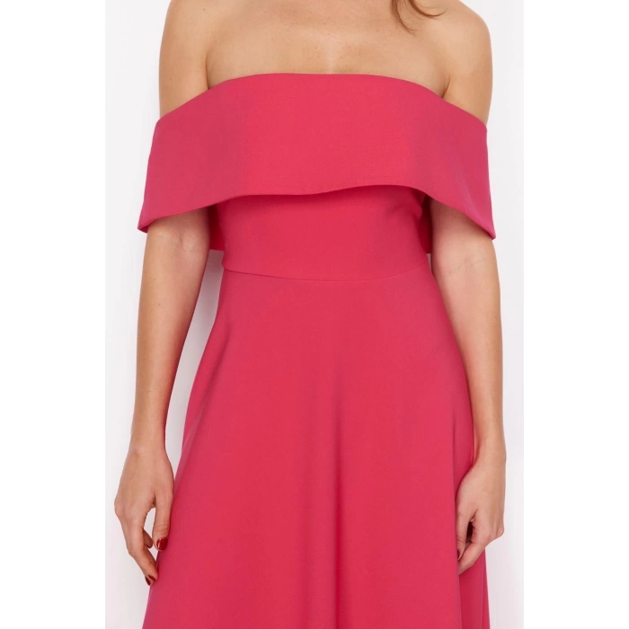 New Fit Graduation Prom Finike Woven Carmen Collar Short Sleeve Skater Midi Length Dress