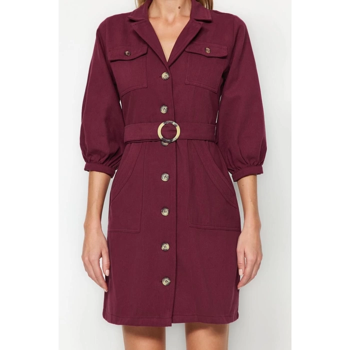 New Regular Casual Daily Gabardine Woven Jacket Collar Three Quarter Sleeve Shirt Dress Mini Length Dress