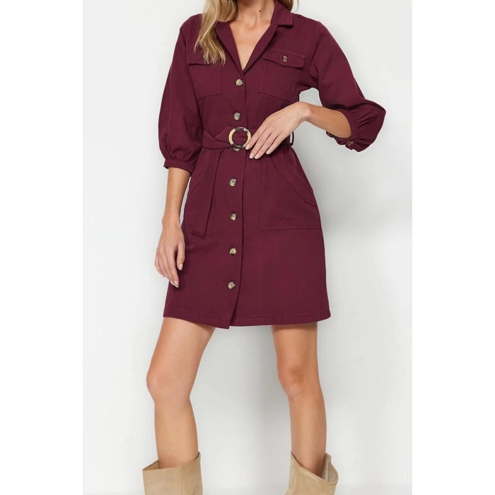 New Regular Casual Daily Gabardine Woven Jacket Collar Three Quarter Sleeve Shirt Dress Mini Length Dress