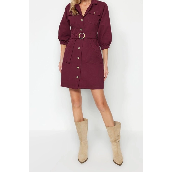 New Regular Casual Daily Gabardine Woven Jacket Collar Three Quarter Sleeve Shirt Dress Mini Length Dress