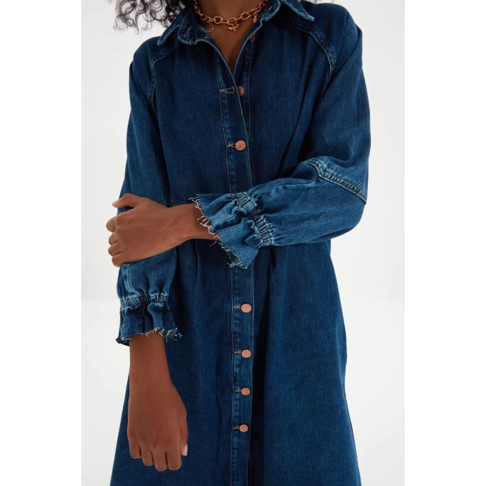 New Regular Casual Daily Twill Denim Shirt Collar Long Sleeve A-Line Mini Length Dress