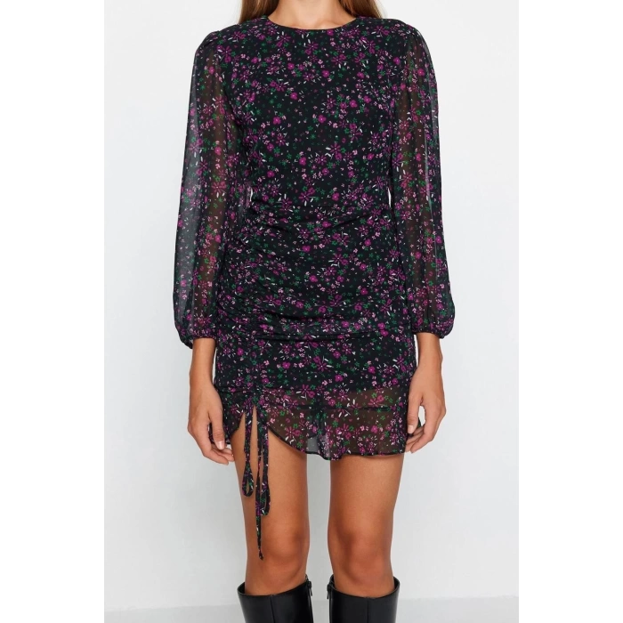 New Regular Day Night Chiffon Woven Crew Neck Long Sleeve Bodycon Mini Dress