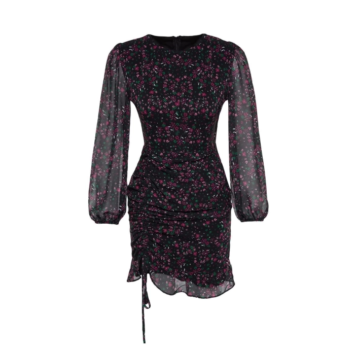 New Regular Day Night Chiffon Woven Crew Neck Long Sleeve Bodycon Mini Dress