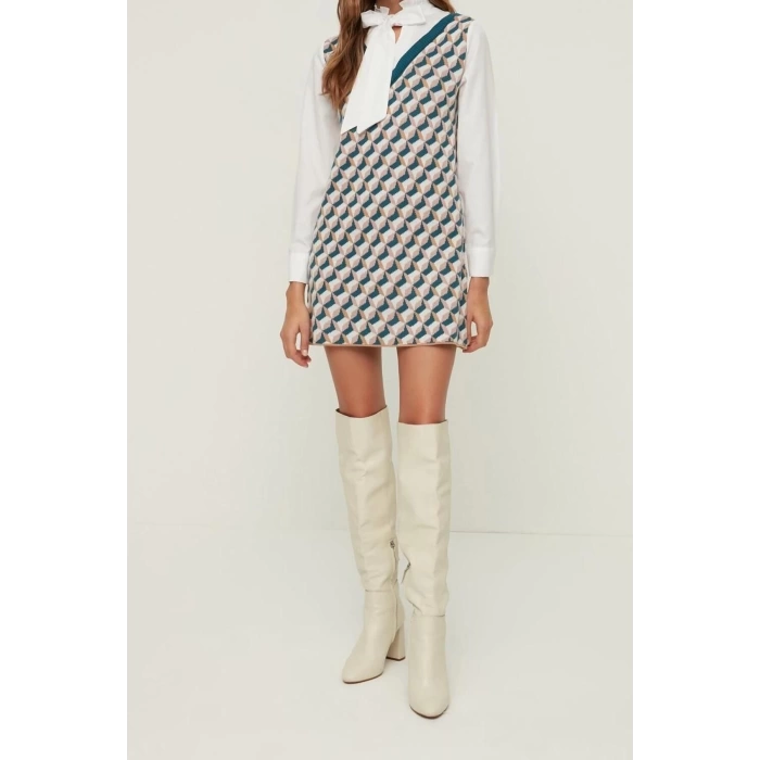 New Regular Business Pique Knitwear V Neck Long Sleeve Shift Mini Length Dress