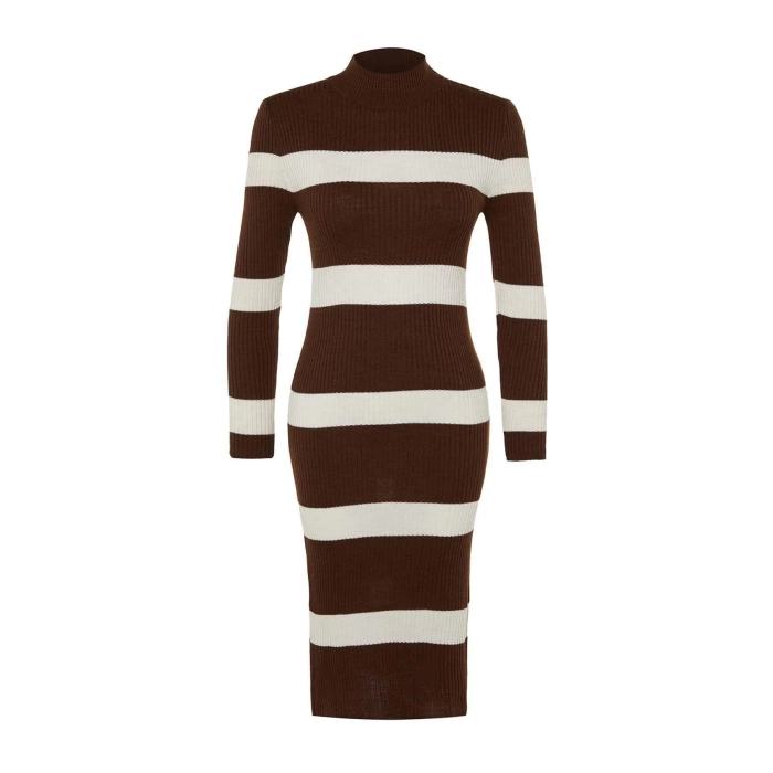 New Slim Casual Daily Single Plate Knitwear Stand Collar Long Sleeve Bodycone Midi Length Dress