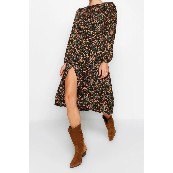 New Slit Casual Daily Shally Woven Crew Neck Long Sleeve A-Line Midi Length Dress