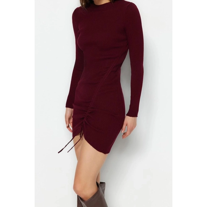 New Slim Day Night Single Plate Knitwear Crew Neck Long Sleeve Bodycon Mini Length Dress