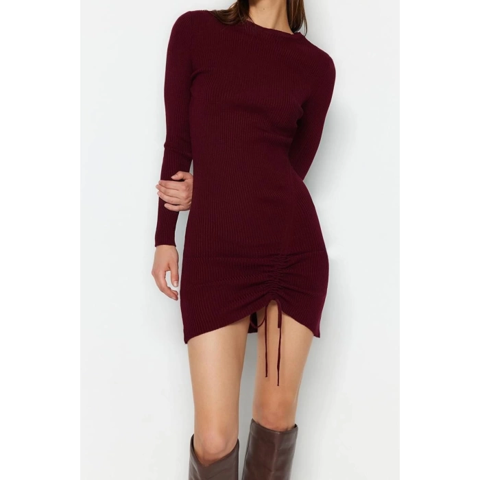 New Slim Day Night Single Plate Knitwear Crew Neck Long Sleeve Bodycon Mini Length Dress