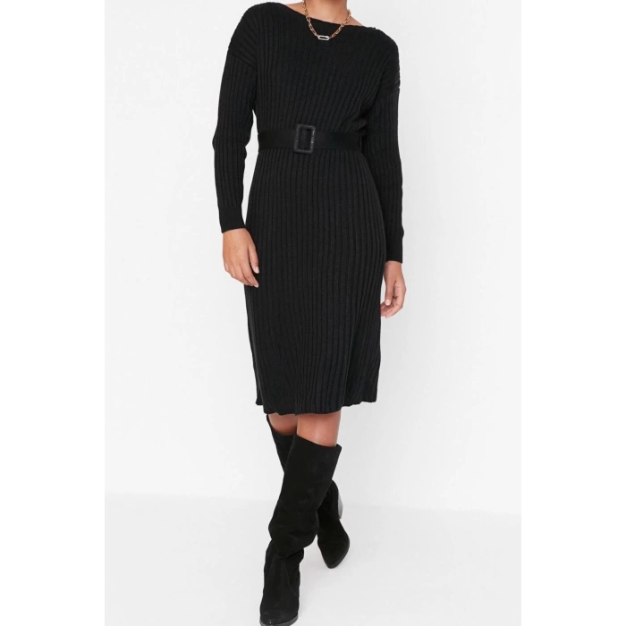 New Regular Casual Daily Single Plate Knitwear Boat Neck Long Sleeve A-Line Midi Length Dress