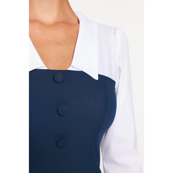 New Fit Business Finike Woven Shirt Collar Long Sleeve Bodycone Mini Dress
