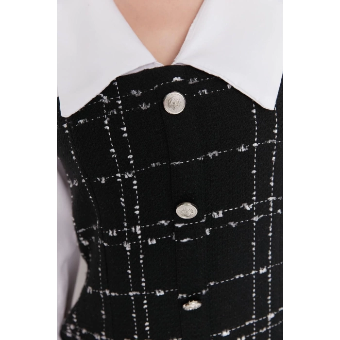 New Regular Day Night Tweed Woven Shirt Collar Long Sleeve Bodycon Mini Dress