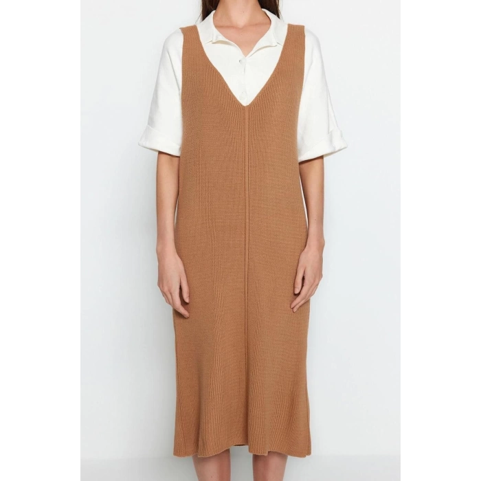 New Regular Casual Daily Full Needle Knitwear V Neck Long Sleeve Shift Maxi Length Dress
