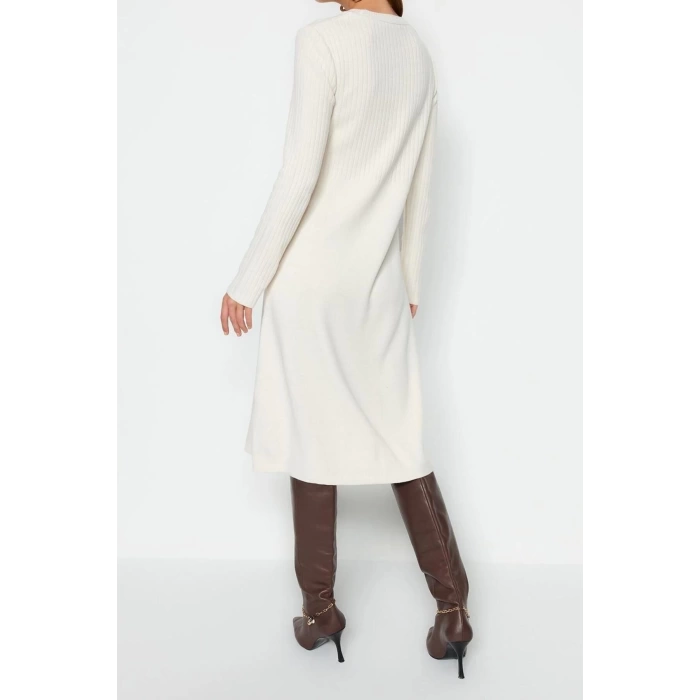 New Oversize Casual Daily Crepe Knitwear Stand Collar Long Sleeve Shift Midi Length Dress