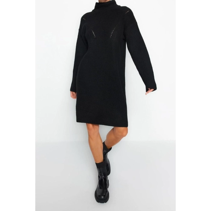 New Regular Casual Daily Crepe Knitwear Stand Collar Long Sleeve Sweater Dress Mini Length Dress
