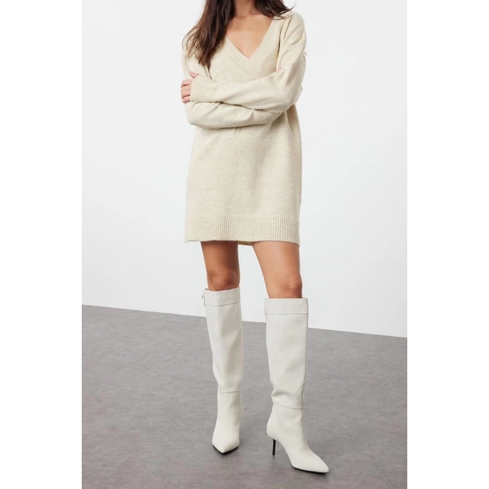 New Oversize Casual Daily Full Needle Knitwear V Neck Long Sleeve Sweater Dress Mini Length Dress